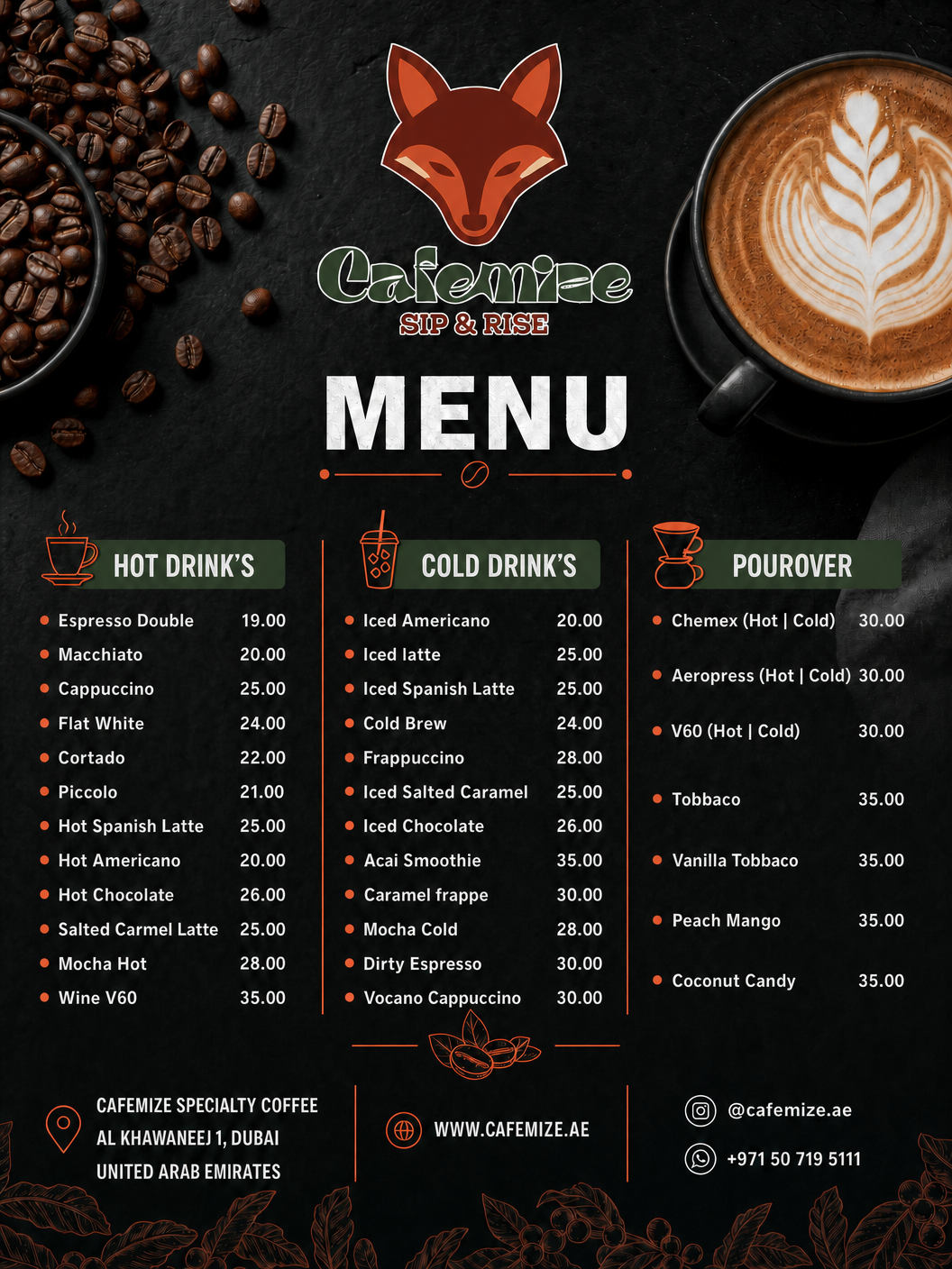 Cafemize Menu — Hot, Cold & Pourover