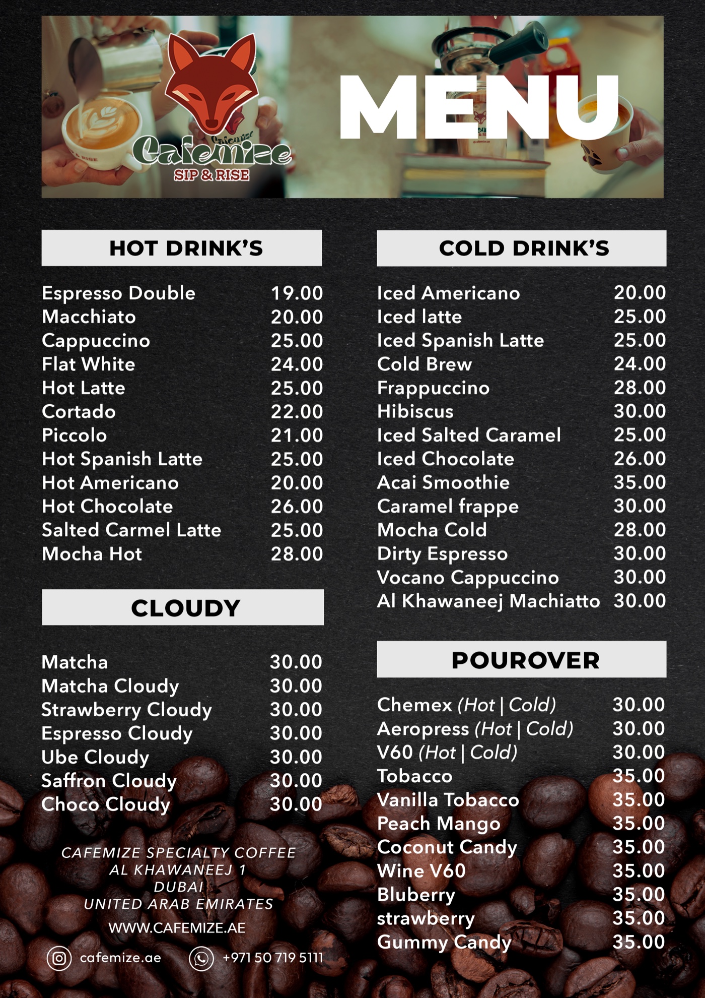 Cafemize drinks menu